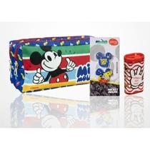 Kit Estojo Duplo Mickey Azul+ Apontador com Depósito Mickey + 2Borrachas Mickey Mouse + Cola Bastão Branca Mickey 9g.