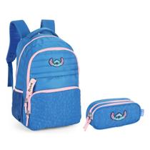 Kit Estojo Duplo + Mochila Costas Juvenil Stitch Oficial