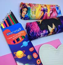 Kit Estojo Escolar Creche Desenho Animado Disney Princesas Ziper para Criança Menina + Caixa de Lapis de Cor 12 Cores
