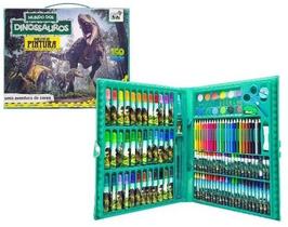 Kit Estojo Escolar Infantil Maleta de Colorir e Desenhar Dinossauro 150 Peças