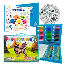 Kit Estojo Pintura Maleta Dinossauros 150 Peças Livro BabyShark Desenhos Colorir Infantil