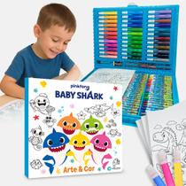 Kit Estojo Pintura Maleta Dinossauros 150 Peças Livro BabyShark Desenhos P/Colorir Infantil PinkFong