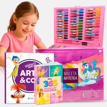 Kit Estojo Pintura Maleta Unicórnio 150 Pçs 2 Livros Divertidamente e Disney Princesas Desenhos P/Colorir Infantil