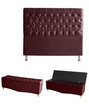 Kit Estrela Cabeceira De Cama Box e Calçadeira Baú Pés Palito Botão Cristal Casal 140 Cm Suede Bordo Eli Móveis