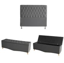 Kit Estrela Cabeceira De Cama Box e Calçadeira Baú Pés Palito Botão Cristal Casal 140 Cm Suede Grafite Eli Móveis