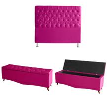 Kit Estrela Cabeceira De Cama Box e Calçadeira Baú Pés Palito Botão Cristal Casal 140 Cm Suede Rosa Pink Do Lar Móveis