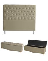 Kit Estrela Cabeceira De Cama Box e Calçadeira Baú Pés Palito Botão Cristal King 195 Cm Suede Bege Eli Móveis