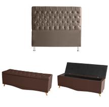 Kit Estrela Cabeceira De Cama Box e Calçadeira Baú Pés Palito Botão Cristal King 195 Cm Suede Rosê Eli Móveis