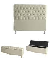 Kit Estrela Cabeceira De Cama Box e Calçadeira Baú Pés Palito Botão Cristal Queen 160 Cm Suede Porcelana Eli Móveis