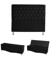 Kit Estrela Cabeceira De Cama Box e Calçadeira Baú Pés Palito Botão Cristal Queen 160 Cm Suede Preto Eli Móveis