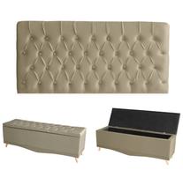 Kit Estrela Cabeceira De Cama Painel e Calçadeira Baú Botão Cristal Casal 140 Cm Suede Bege Eli Móveis e Decoração