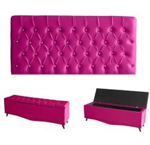 Kit Estrela Cabeceira De Cama Painel e Calçadeira Baú Botão Cristal Casal 140 Cm Suede Rosa Pink Eli Móveis e Decoração