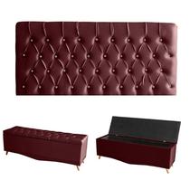 Kit Estrela Cabeceira De Cama Painel e Calçadeira Baú Botão Cristal Queen 160 Cm Suede Bordo Eli Móveis e Decoração