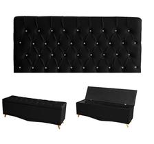 Kit Estrela Cabeceira De Cama Painel e Calçadeira Baú Botão Cristal Queen 160 Cm Suede Preto Eli Móveis e Decoração