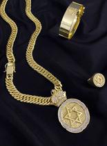 Kit estrela de davi cordão grumet 13mm + pingente + bracelete 20mm + anel - banhado a ouro 18k - ToJoia18k