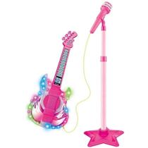 Kit estrela do rock guitarra e microfone e pedastal com som e luz meninas rosa