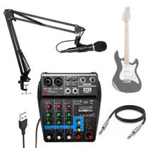 Kit Estúdio Mesa De Som Mx-4bt 4 Canais Com Microfone E Cabo P10 Para Instrumentos