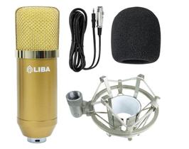 Kit Estúdio - Microfone Condensador Profissional + Aranha, braço articulado, Pop Filter, Tampão de Espuma e Cabo XLR-P2 Dourado - LIBA