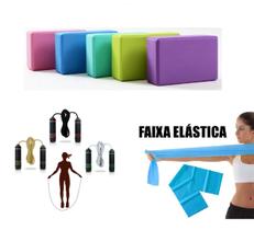 Kit Exercicio Em Casa Bloco De Yoga + Corda + Faxa Elastica