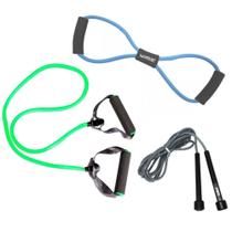 Kit Extensor Elastico Tensao Media Verde + Extensor em 8 Forte Azul + Corda de Pular Liveup Sports