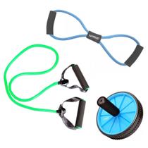 Kit Extensor Elastico Tensao Media Verde + Extensor em 8 Forte Azul + Roda Abdominal Liveup Sports