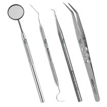 Kit Extração Tártaro - Espelho N5, Sonda Exploradora N5, Extrator de Tartaro N3 e Pinça Clinica 16 cm