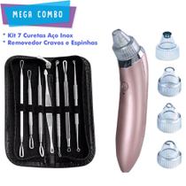 Kit Extrator Curetas 7pçs + Aparelho Removedor Cravos e Espinhas