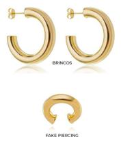 Kit Fabiola - Brinco Meia Argola Tubo + Fake Piercing Banhado em Ouro 18k