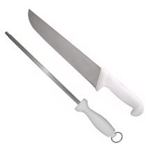 Kit Faca Açougue Churrasco Cozinha Aço Inox 8 + Chaira 10 Cabo Branco Kit Faca Açougue Churrasco Cozinha Aço Inox 8 + Chaira 10 Cabo Branco