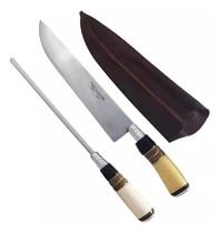 Kit Faca Artesanal 10pol Chaira Estriada Cabo Madeira Osso