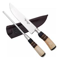 Kit Faca Artesanal 8pol Chaira Aço Inox Cabo Osso Chifre