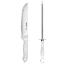 Kit Faca Chaira para Churrasco Carne e Cozinha Aço Inox Cabo Branco Wellmix WX6400