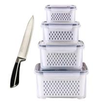 Kit Faca Chef Aço Inox 8 Corte 4 Organizador de Geladeira Potes Herméticos