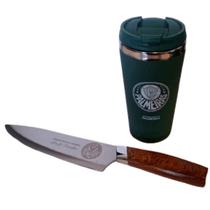 Kit Faca + Copo Termico Emborrachado Inox Palmeiras Oficial Com Tampa