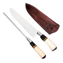Kit Faca De Aço Inox 10 Polegadas Com Cabo De Osso Chaira E Bainha De Couro Conjunto Artesanal Gaúcho Para Churrasco Cozinha Profissional Presente