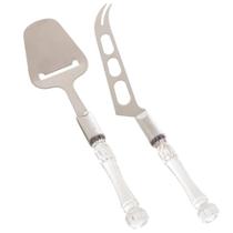 Kit Faca e Espátula Para Queijos / Frios Aço Inox Cabo Plástico Bambu Transparente Lyor