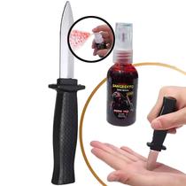 Kit Faca Fake Canivete Retrátil Brinquedo + Sangue Spray 60 ml = 2 Produtos Fantasia Halloween