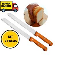 Kit Faca Para Pão De Inox E Cabo de Madeira Com Serra 2 Peças Para Cortar Pães Bolos