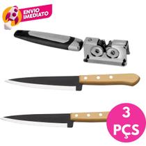 Kit Faca Peixeira Cabo Madeira e Afiador Amolador Facas Tesouras Cozinha Inox Portátil Manual