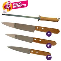 Kit Faca Peixeira Profissional 5 6 7 Polegada Chaira 7 Aço Inox Cabo Madeira Jogo Churrasco Cozinha