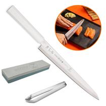 Kit Faca Sashimi Japonesa 10Pol Inox Yanagiba e Pedra de Afiar + Pinça limpa Peixe Mundial
