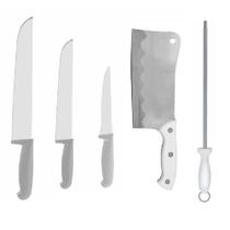 Kit Facas Açougueiro Churrasco Cozinha 6 8 12 + Cutelo 6 + Chaira 12 Cabo Branco