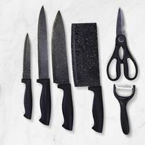 Kit Facas Chef 6 Peças Preto Cozinha Em Aço Inox Churrasco Verdura