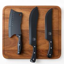 Kit Facas Churrasco Profissional Caça 3 Peças Lâmina Black Inox Premium Kit Facas Churrasco Profissional Caça 3 Peças Lâmina Black Inox Premium