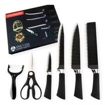 Kit Facas Cozinha Premium Inox 6 Peças Descascador Tesoura Preto