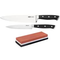 Kit Facas de Cozinha 5" e 8" Aço Inox e Pedra de Afiar Dupla Face 400/1000