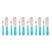 Kit Facas e Garfinhos 12 Peças Para Petiscos e Patês Aço Inox e Cabo de Plástico Azul