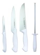 Kit Facas Tramontina Premium 3 Peças Aço Inox + Chaira 8" PP Branco Cozinha Churrasco