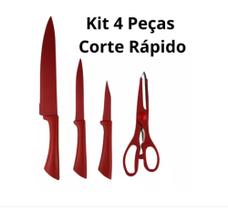 Kit Facas Vermelho Com Tesoura Conjunto Churrasco Cozinha