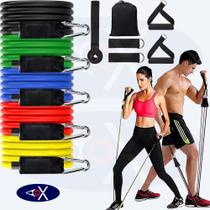Kit Faixa Elastica Fitness 5 Resistencias Intensidades Puxador Exercício Ginástica Extensor Elástico Tornozeleira Treino em Casa Musculação Funcional